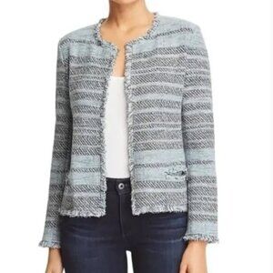 Nic + Zoe Tweed Striped Cotton Open Front Blazer Coat Jacket Blue Small